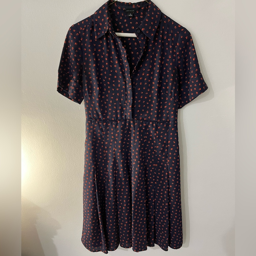 Ann Taylor Navy Red Ditsy Geo Print Pleated Dress Size 0